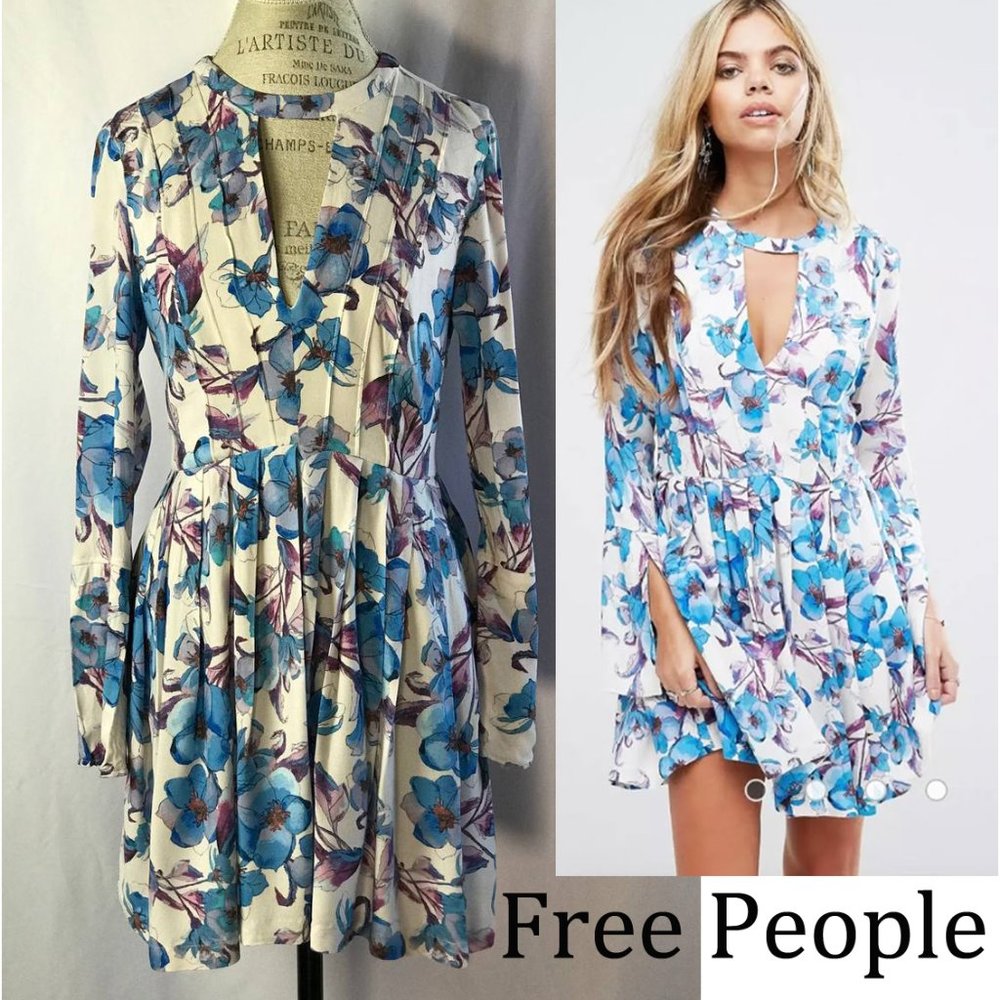 Free People Tegan Floral Mini Deep V Pleat Dress Size 6